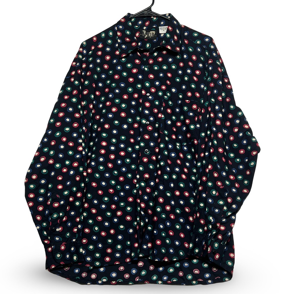 Fluid Button Down Shirt Mens Medium Black Polka Dot Excellent Retro Cotton Long